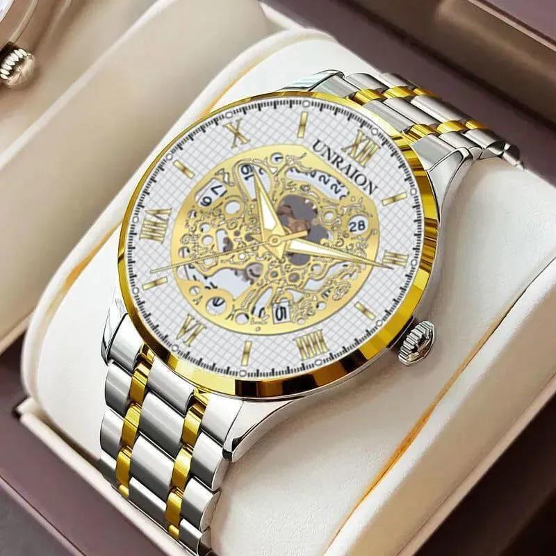 Men skeleton dial gold silver strap watch
