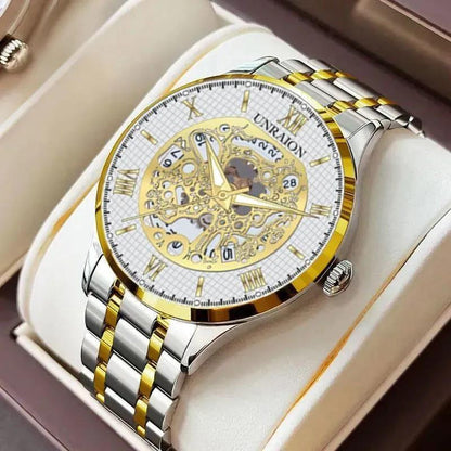Men skeleton dial gold silver strap watch