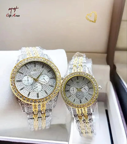 Golden silver couple watch steel chain strap