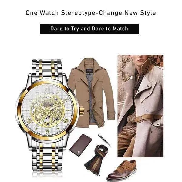 Men skeleton dial gold silver strap watch