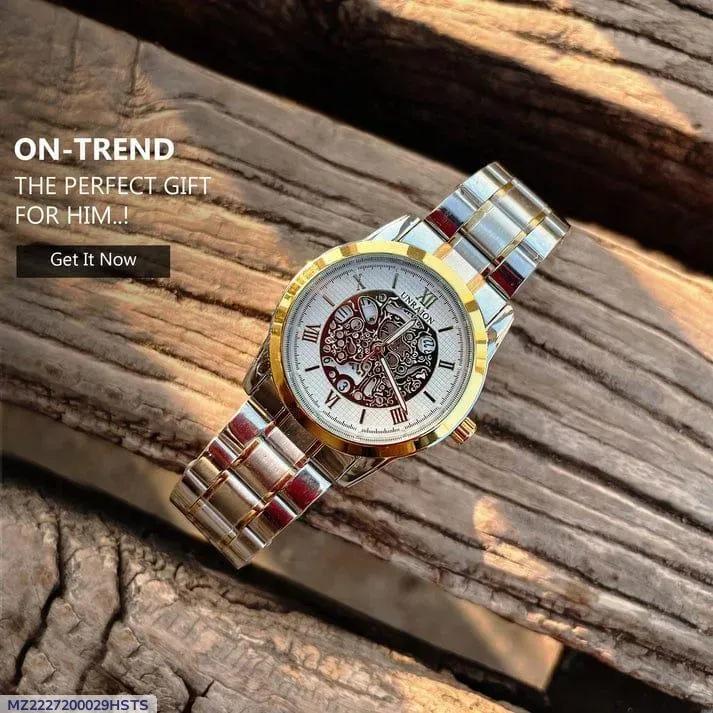 Men skeleton dial gold silver strap watch
